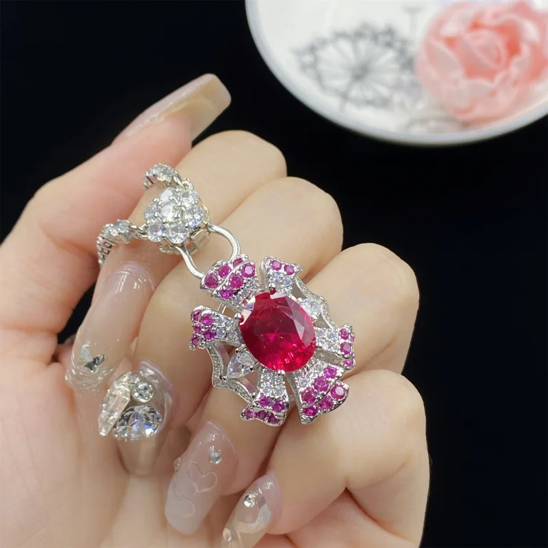 High-end Oval Red Corundum Luxurious Fashion Three-piece Full Diamond Open Ring Women's Elegant Pendant Earrings Set