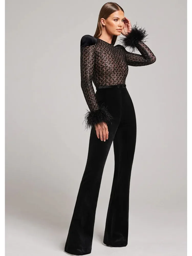 Black Jumpsuit Women 2024 High Quality Long Sleeve Furry Lace Embroidery Top and Bandage Pants Elegant Formal Occassion Rompers