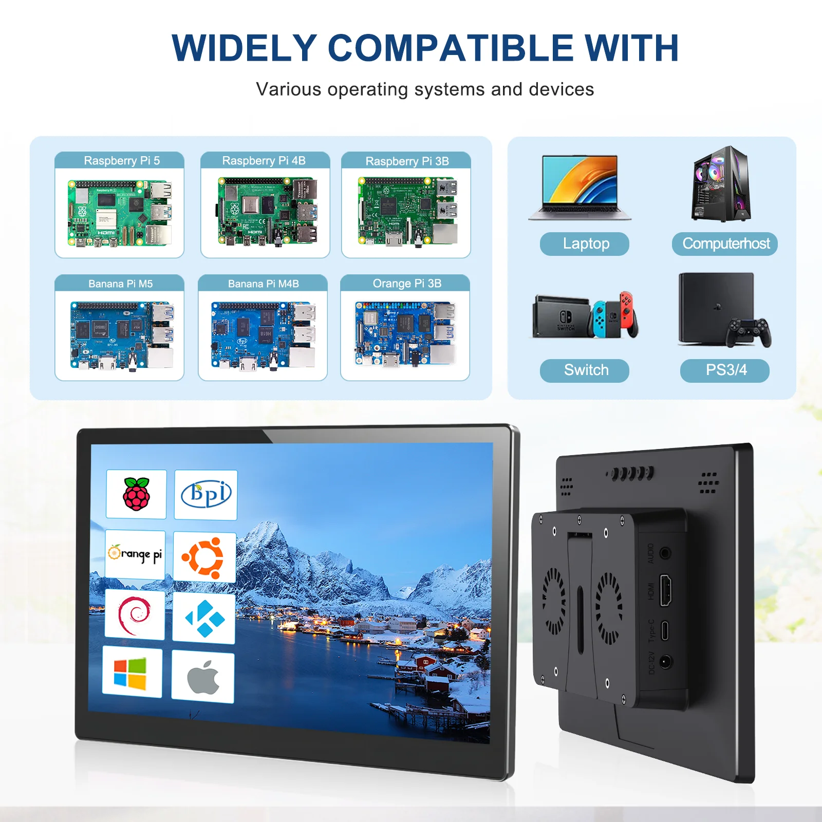 HOWENS Monitor layar sentuh Raspberry Pi, USB-C layar sentuh 10.1 inci IPS 1920x1200 untuk PI, Kompatibel, Banana Win Pi 5 4