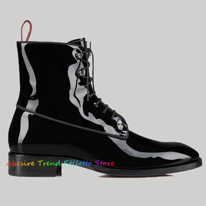 

Black Patent Leather Low Heel Boot for Men Pointy Sparkling Elegant Glossy Lace-Up High Top Boot Classic Business Dress Boots