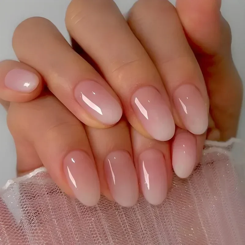 24pcs Glossy Short Almond Fake Nails, Pinkish Gradient Press On Nails Gentle And Sweet False Nails For Women and Girls Wearing