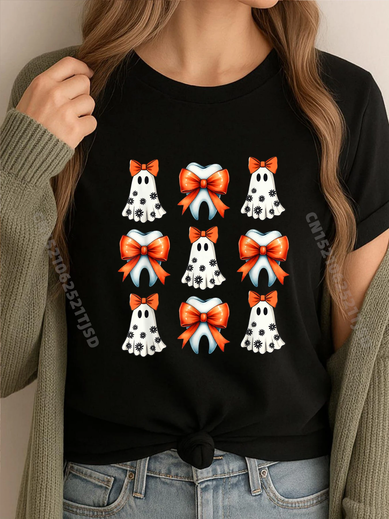 

Кокетка Зуб Призрак Groovy Ретро Хэллоуин Милый Стоматолог Camisetas Винтажная футболка Стираная эстетика