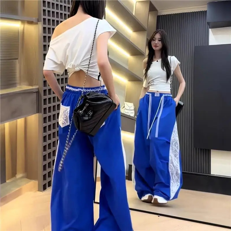 Trendy American Klein Blue Splicing Lace Design Thin Quick Dry Work Pants Sports Wide Leg Casual Paratrooper Pants 4