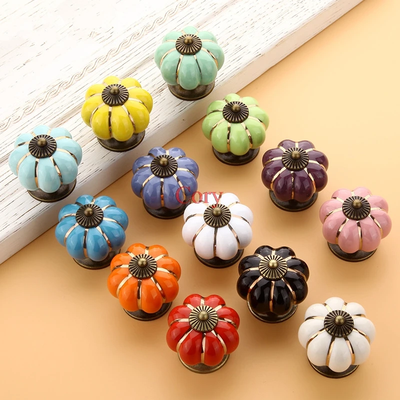 1Pc 40mm Vintage Furniture Handle Door Knobs Pumpkin Ceramic Cabinet Handles European style Drawer Cupboard Pull Handle CZYC