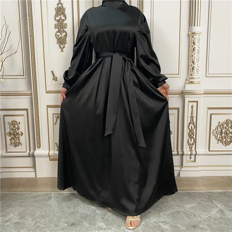 Fashion Women Islamic Satin Muslim Dress Hijab Arabic Closed Abaya Dubai Balloon Sleeve with Ribbon Eid Ramadan Turkish Dresses