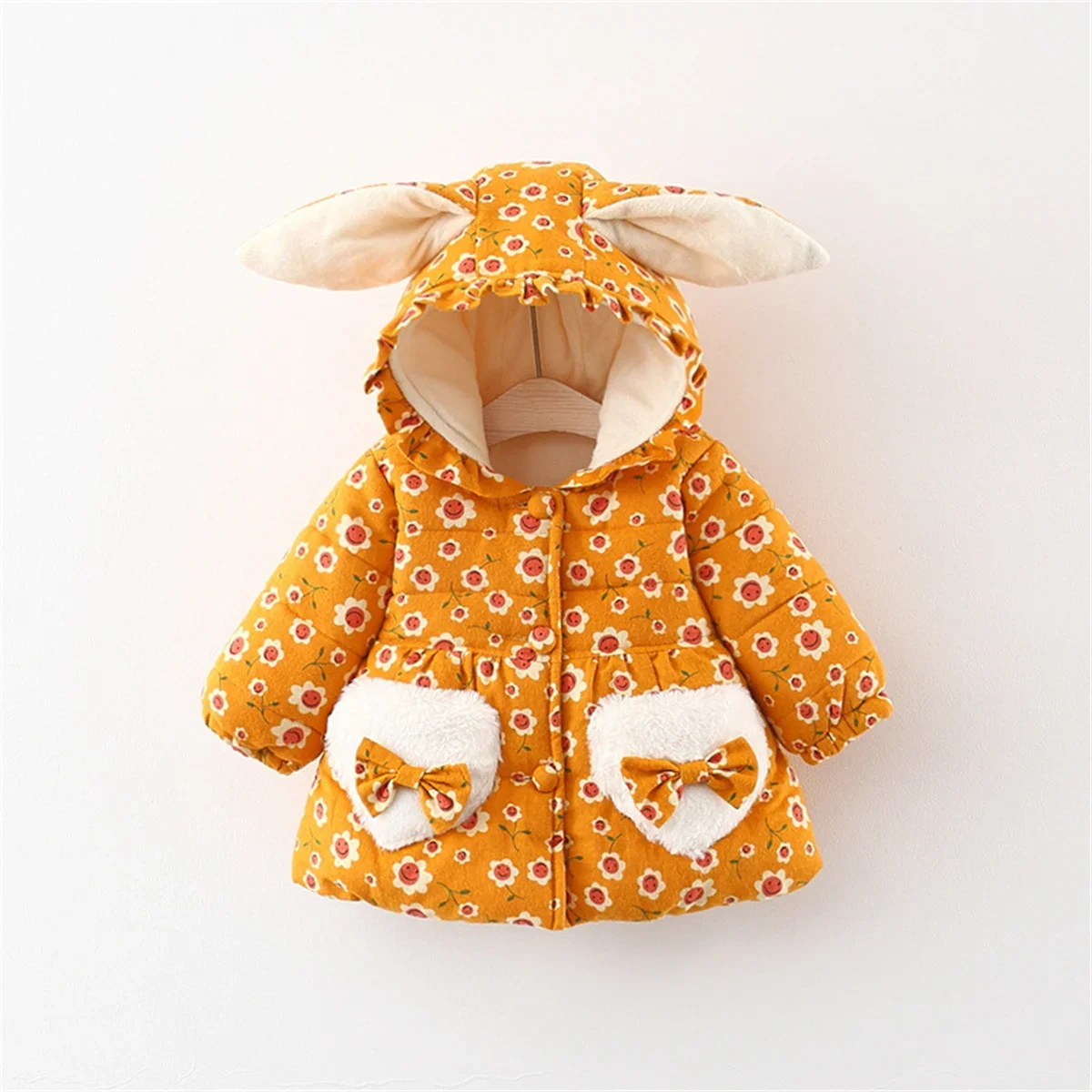 Winter Girl Cotton Coat Small Flower Love Bow Pocket Rabbit Ear Hooded Button Long Sleeve Plush Thickened Coat