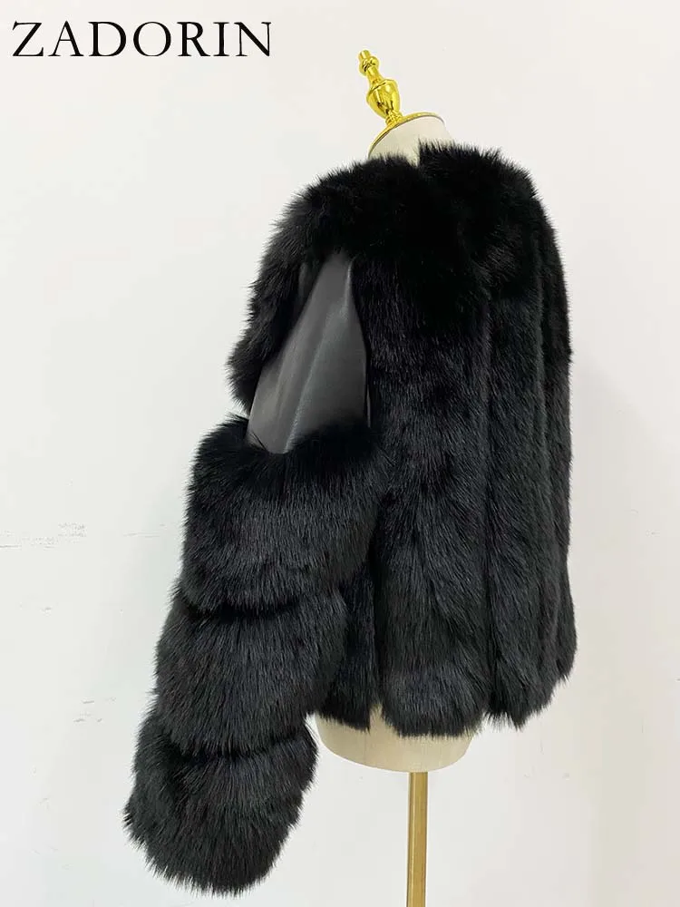 ZADORIN Europe Fashion Fur Jackets for Women Elegant Fluffy Black Faux Fox Fur Coat Women Splicing Faux Fur Jacket Winter Coats