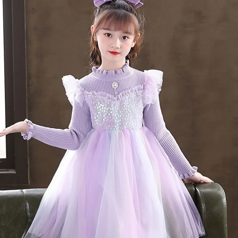 Girls Sequins Princess Dress Spring and Autumn New Long Sleeve Velvet Padded Dress Girl Tulle Tutu Skirt