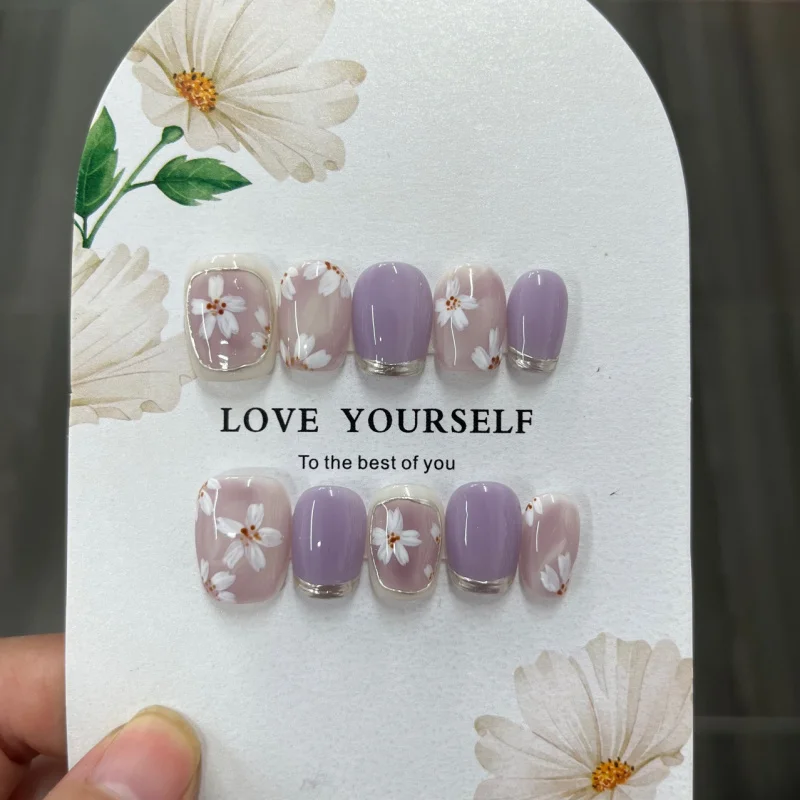 Nailover  Hand-Worn Nail Short Ballet Taro Purple Blooming Hand-Painted Fresh Flowers