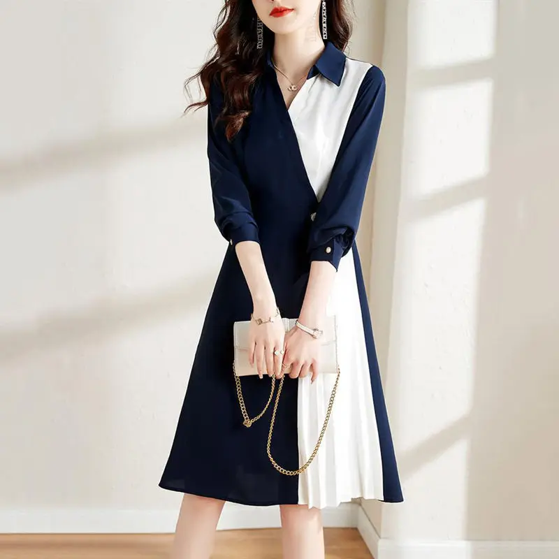 

Elegant Commute Ladies Contrasting Colors Folds Spliced Dress New Fashion Korean All-match Turn-down Collar Long Sleeve Dresses