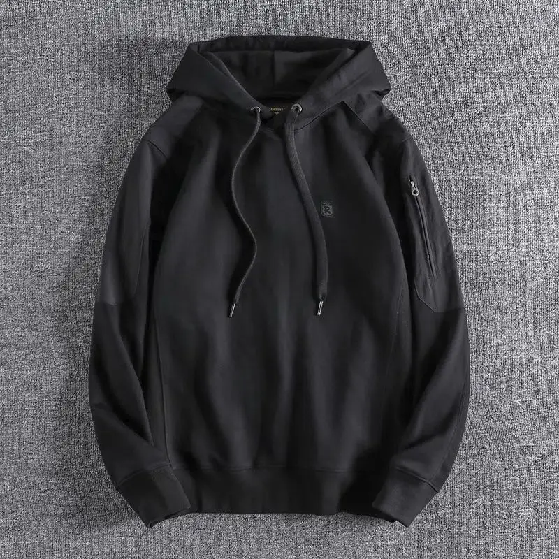 Men's Army Green Patchwork Sleeve Hoodie With Embroidered Logo Side Zipper Casual Pullover Sweatshirt WJ550