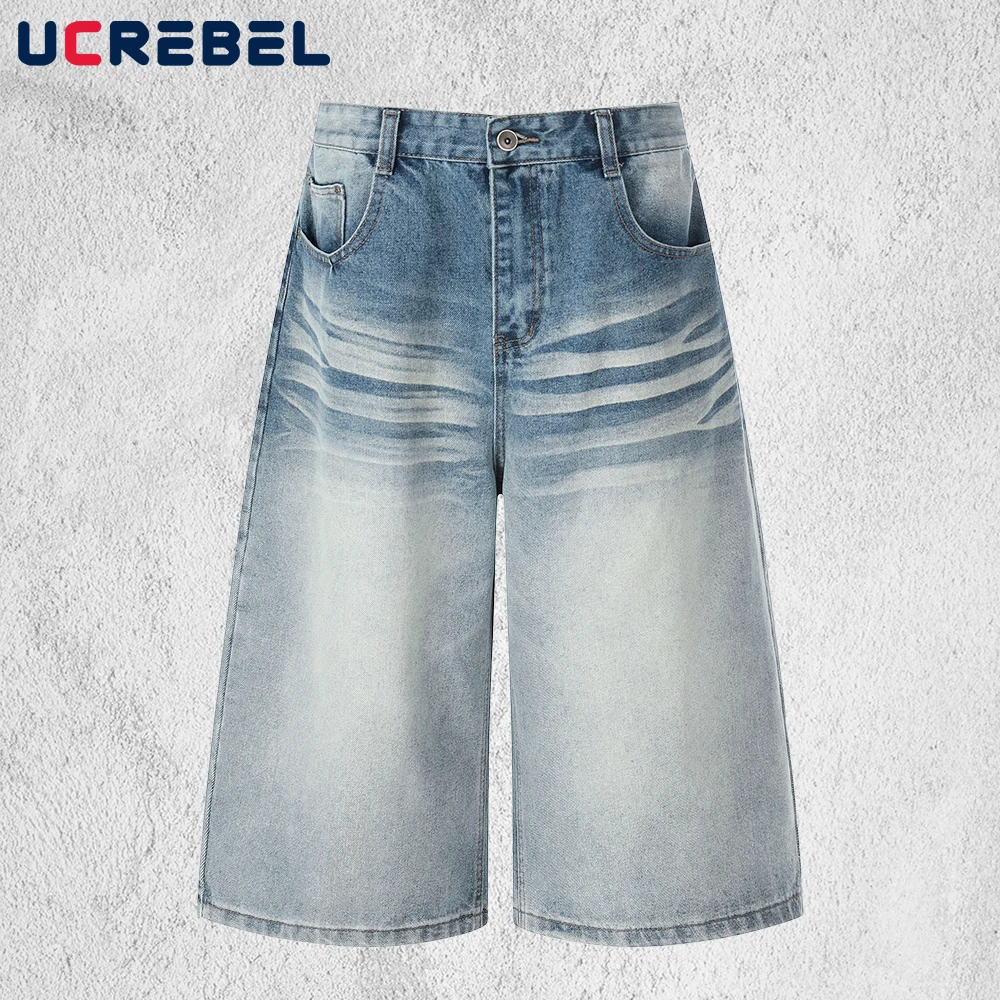 

Gradient Dyed Denim Shorts Mens Summer Retro High Street Washed Distressed Straight Baggy Short Jeans Man