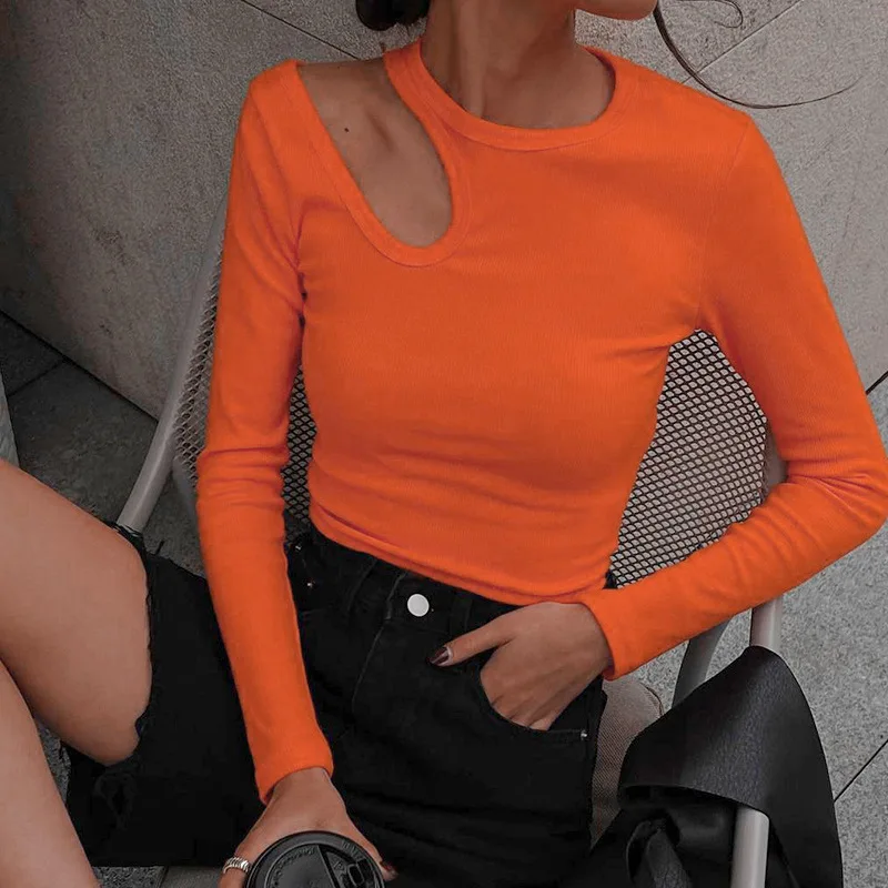 Sexy Hollow Out Women T Shirt Casual Round Neck Long Sleeve Skinny Cropped Tops 2023 Autumn Solid Elegant Basic Tees