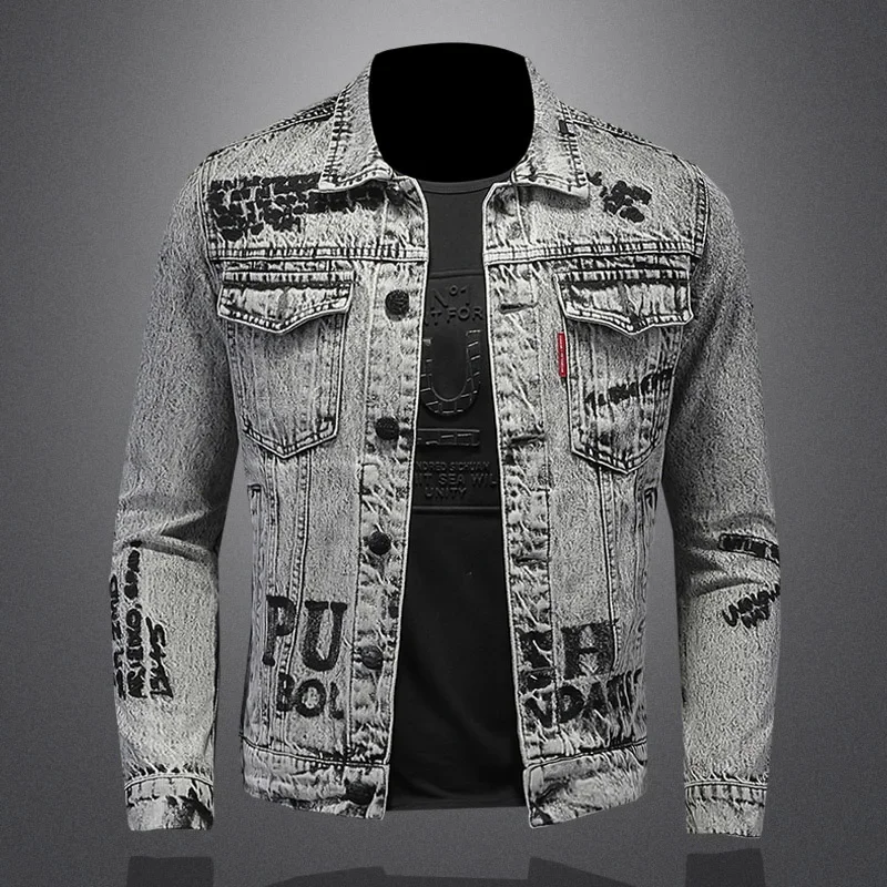 Handsome Snowflake Wash Denim Jacket High Quality European American Style Fashion Coat with Letters