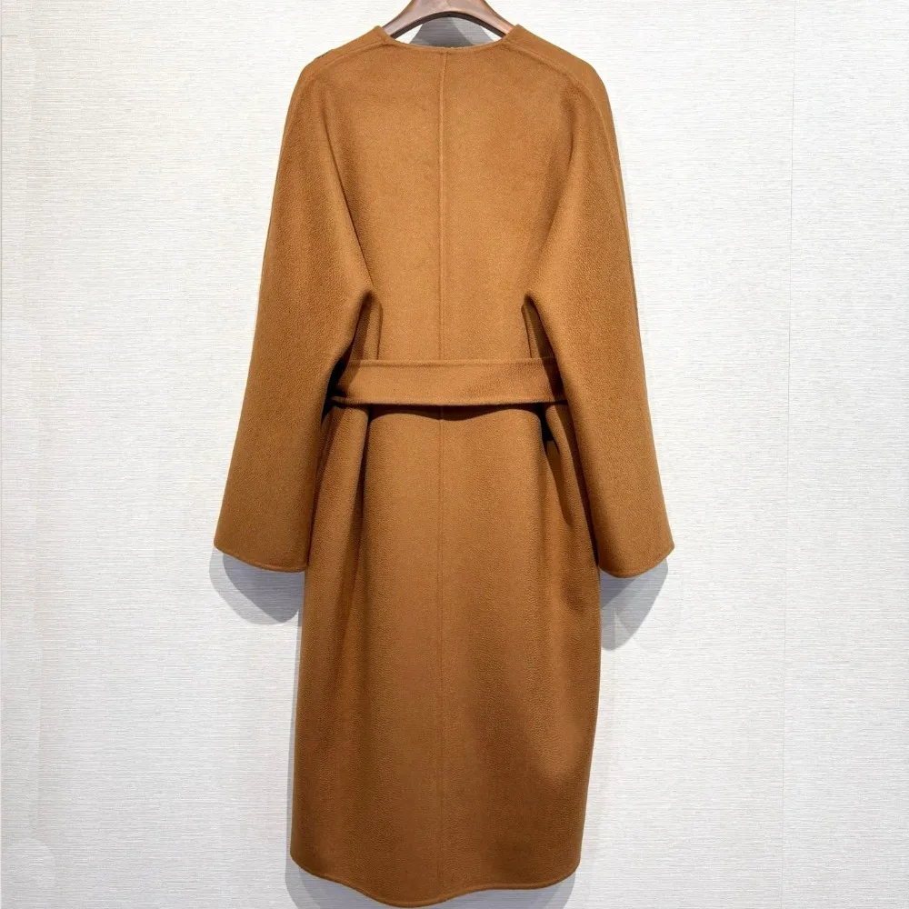 2026 Women Fall Winter Double Face Cashmere Long Jacket Caramel Round Neck Metal Buckle Waist Belt Soft and Cozy Overcoat