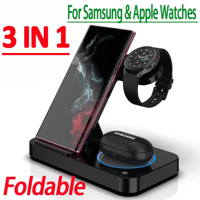 30W 3 in 1 Foldable Wireless Charging Station For iPhone 14 13Pro Apple Watch 7/6 For Samsung Galaxy Watch Chargers 4/3 S22 S21