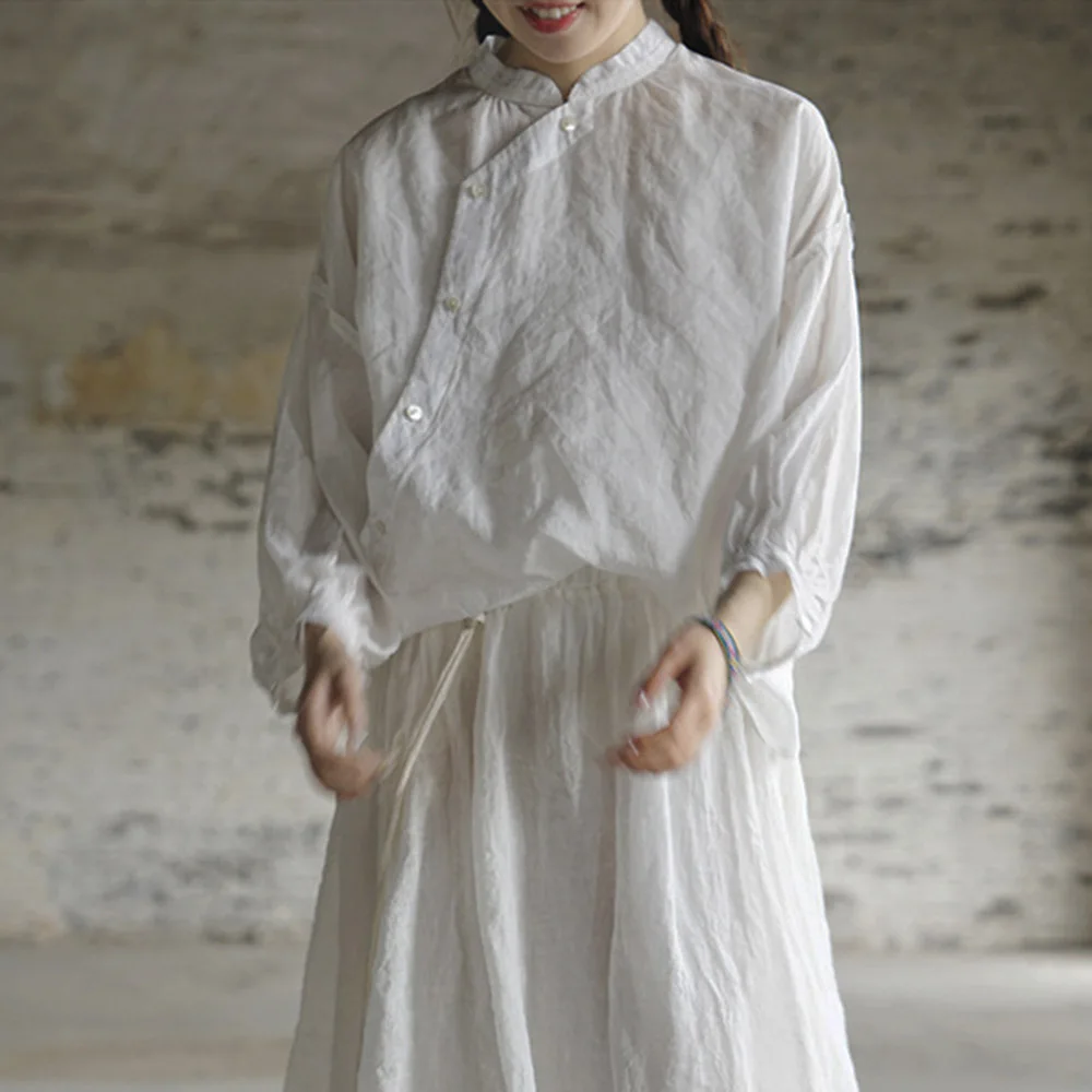 

Literary Retro Collar Button Shirt With 3/4 Sleeves Womens Summer French Lace Well-Fitted Transparent White High And Low Tops