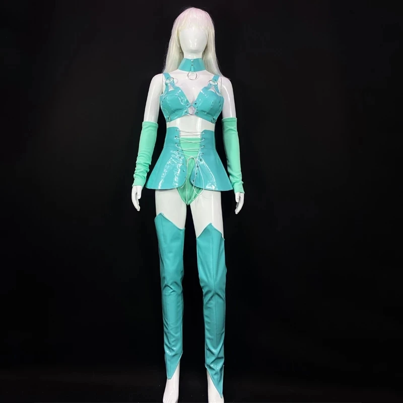 

Сексуальное клубное платье для шоу, костюм Gogo, мятно-зеленый лакированный бикини с разрезом, шорты, женский костюм для танцев на пилоне