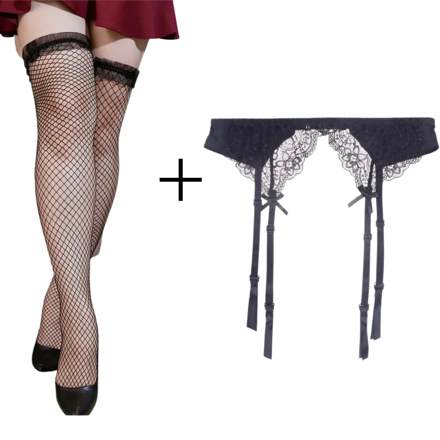 

2pcs Women's Lace Adjustable Non-slip High Waist Garter Belt set One-piece Stockings Mesh Suspender Pantyhose Plus Size XXL