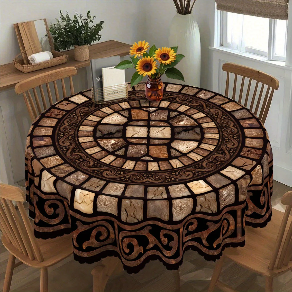 Retro stone mosaic tablecloth, featuring stone blocks and scroll patterns, in a rustic style for home decor.