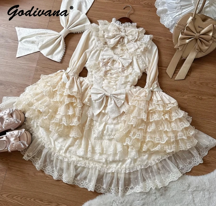 الحلو الفتيات الوردي فستان مجموعة رائع زهرة الزواج الأميرة مقوس دانتيل Jsk الحمالة فستان لوليتا قميص طويل الأكمام ملابس النساء #5