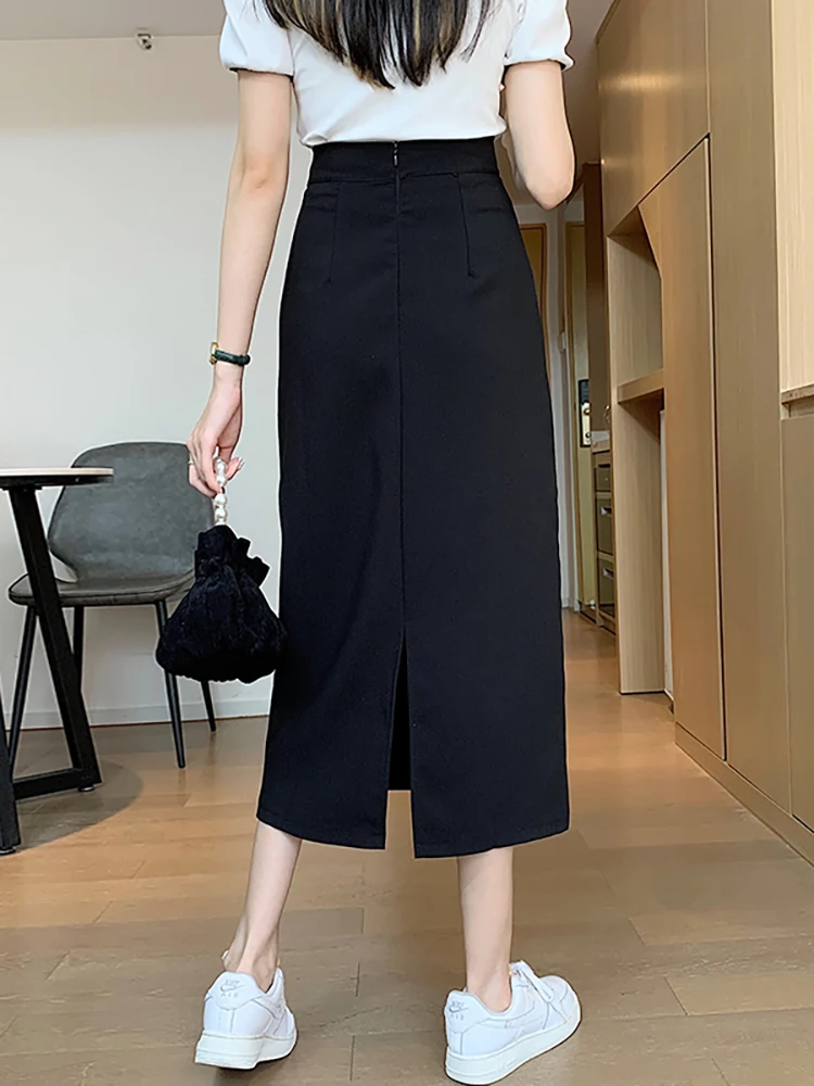 Black Split Skirt for Women Spring/Summer 2024 New Mid-Length Versatile Hip Skirt Slimming High Waist A- line Skirt