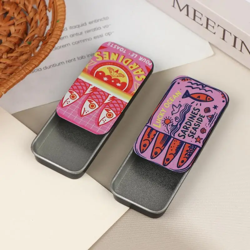 1Pcs Mini Sardine Print Metal Storage Tin Lightweight Portable Box Pills Small Stationery Bits Desktop Desk Organizer Storage