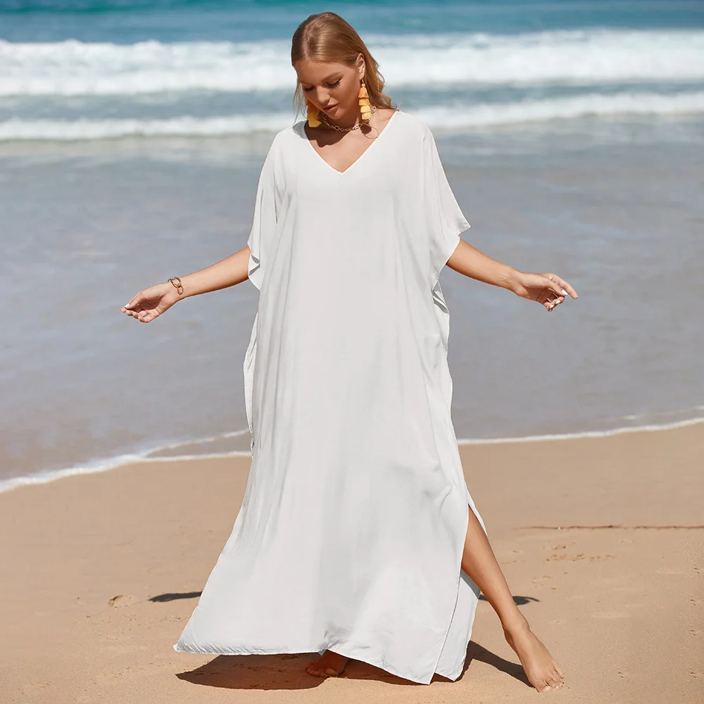 Solid Blue Plus Size Long Kaftan Casual V-neck Robe Summer Maxi Dress Woman Clothing Beach Wear Swim Suit Cover Up Bikini jacket