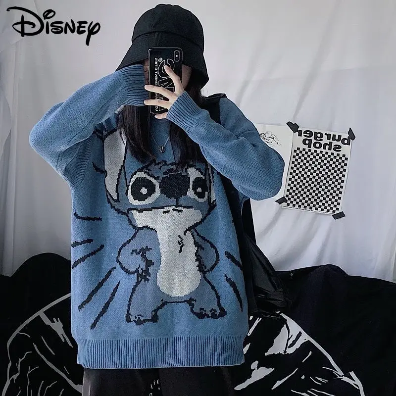 Disney Stitch Autumn Winter Cartoon Round Neck Sweater Women Harajuku Korean Style Knitwear Sweet Y2k Girl Loose Casual Sweater