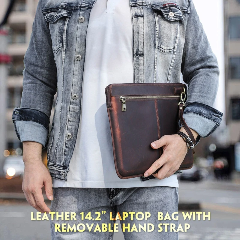 Premium Full Grain Leather Case for MacBook Pro 14 Inch, Genuine Cowhide Laptop Sleeve Bag with Soft Interior Protection