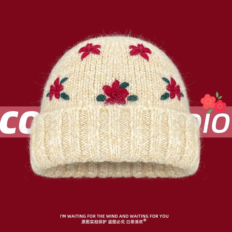 Korean Niche Hand-crocheted Flower Knitted Hat Autumn and Winter Sweet and Versatile Warm Big Head Skull Beanie Caps for Women