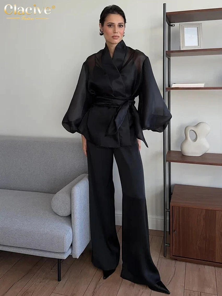 Clacive Fashion Loose Black Women's Shirt 2025 Casual V-Neck Puff Sleeve Shirts Elegant Classic Lace-Up Top Female Clothing