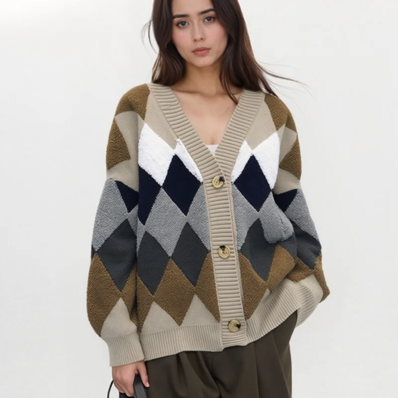 Autumn Loose V-neck Women Knitted Cardigan Sweater Casual Korean Style Jacket Winter Warm Long Sleeve Knitwear