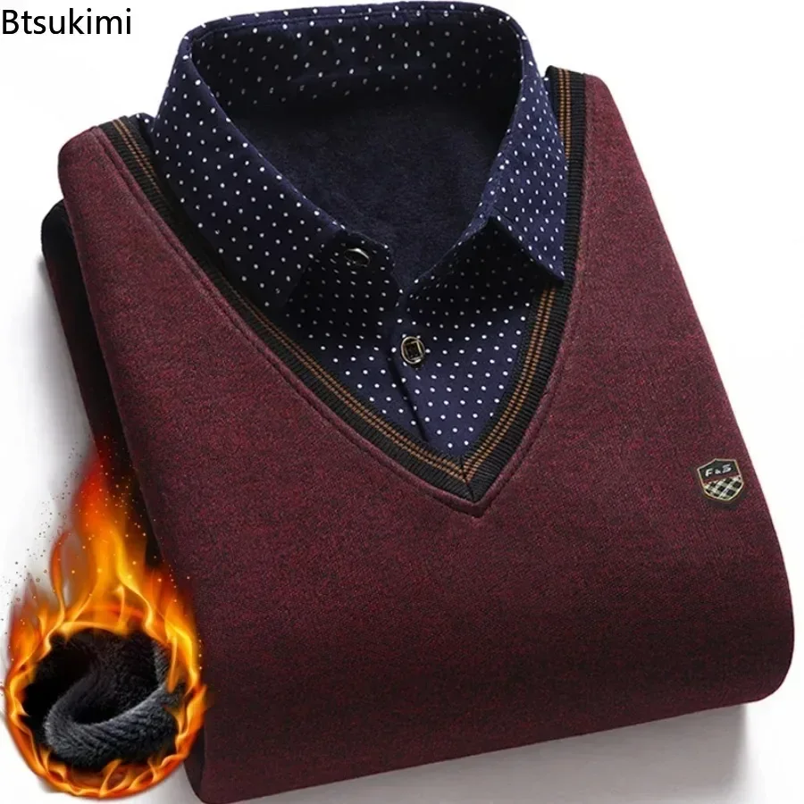 New Autumn Winter Men's Wool Shirt-Neck Sweater Casual Plaid Solid Thickened Warm Fleece Sweater for Men All Match Shirts Men