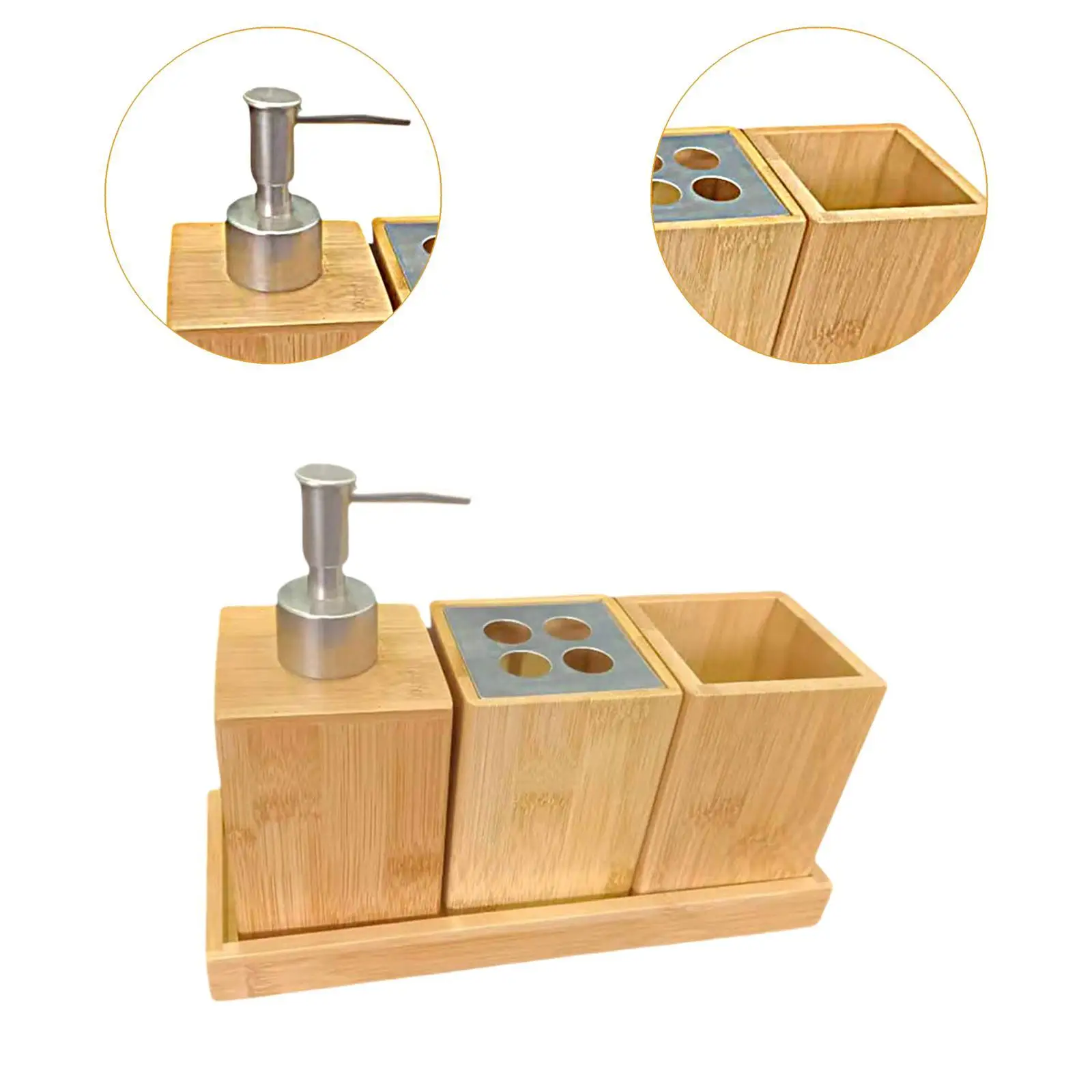4x Bathroom Accessories Set Bamboo Organizer Toothbrush Holder Tray Mouthwash Cup for Vanity Bathroom Countertop Household Hotel