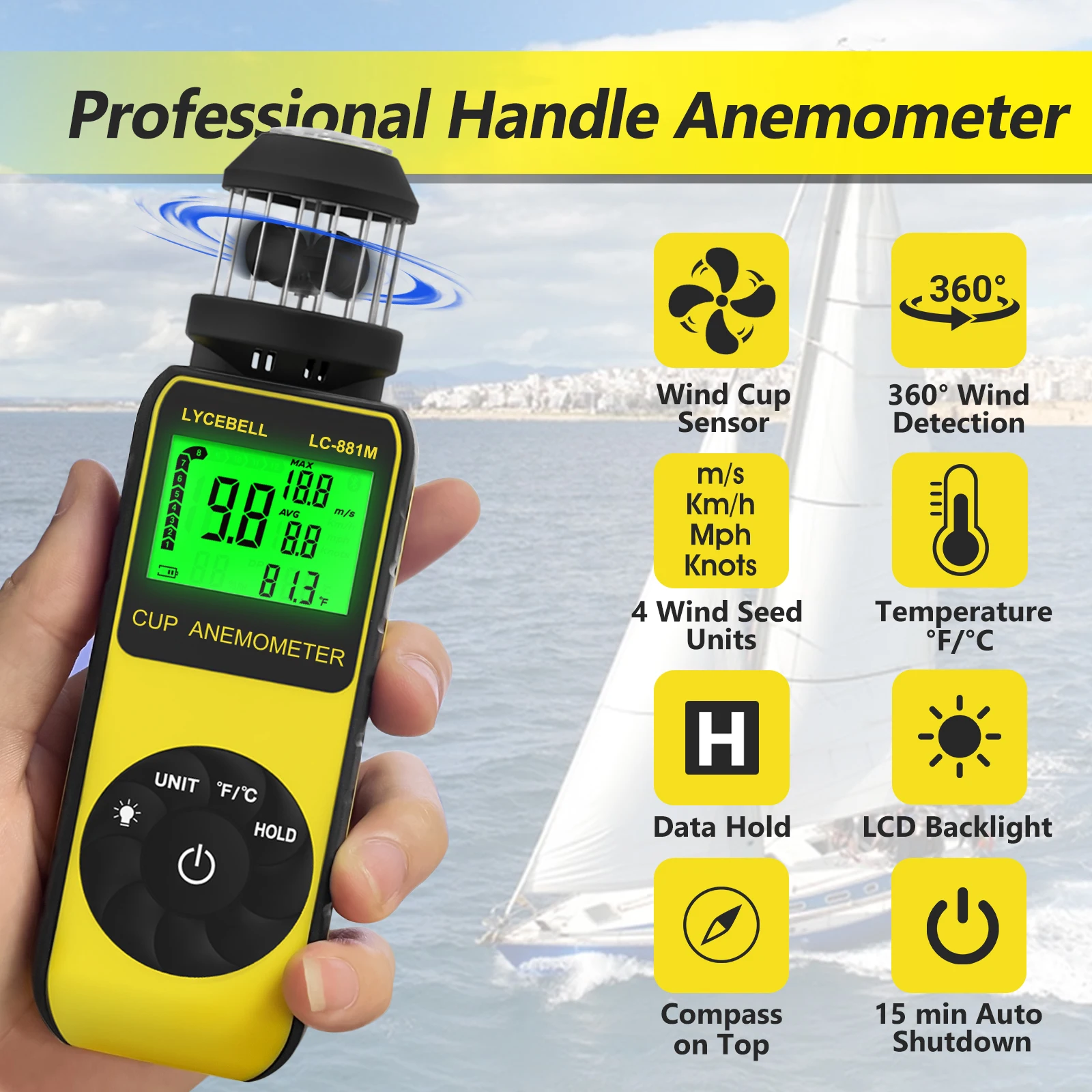 

Cup Anemometer Handheld Digital Wind Speed Meter LCD Display Air Flow Gauge for HVAC Drone Outdoor Industrial Wind Measurement