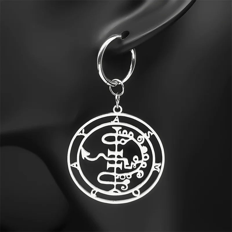 Sigeal Sigil De Lucifer Stainless Steel Satan Hoop Earring  Asmoday Lazer Key Baphomet Stamp Big Round Earring Drop Jewelry Gift