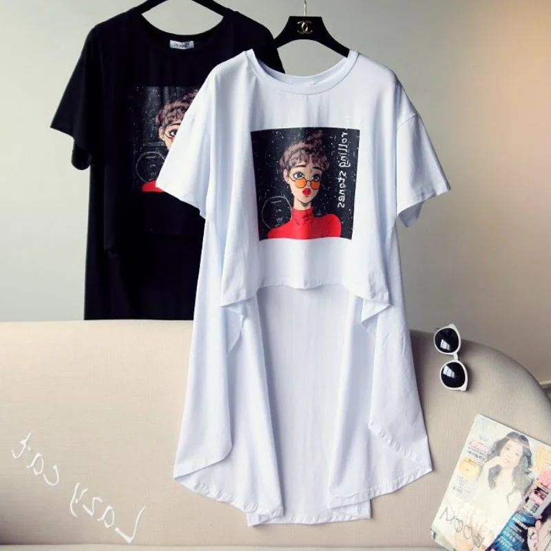 Street Casual Asymmetrical Loose Tops Summer New Printing Short Sleeve Solid Color Vintage T Shirts Fashion Trend Women Clothing