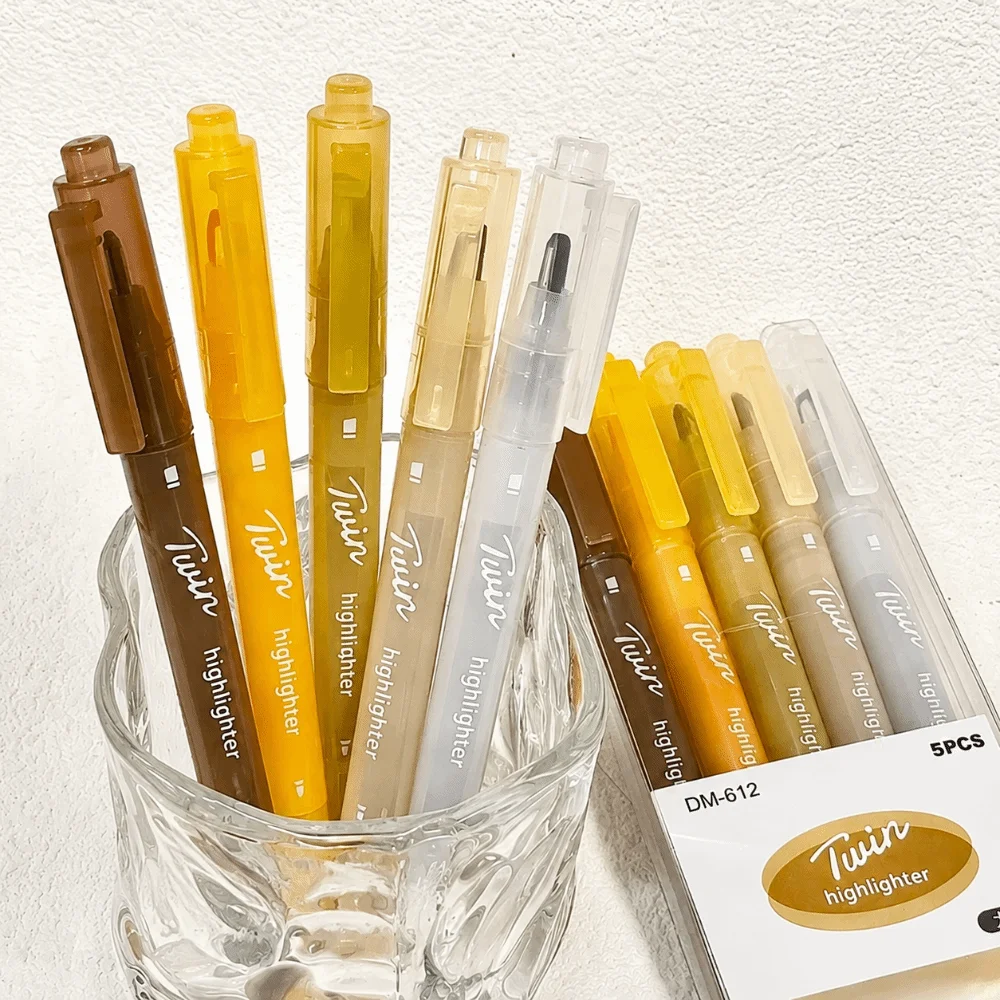 5pcs/set Colorful Dual Tip Highlighter Set Multi-Color Eye-protecting Marker Pens Visible Window Dual Tip Highlighter Students