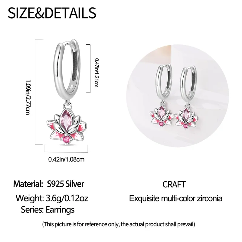 Hot Sales 925 Sterling Silver Pink Lotus Pendant Hoop Earrings For Women Fine Birthday Anniversary Jewelry Gifts view 5