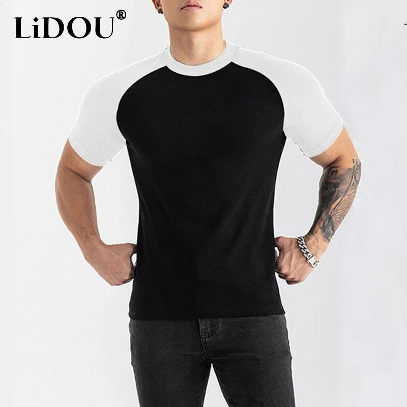 2023 New Summer Korean Fashion Intellectual Neat Male Pullover Sports Chic Patchwork Casual T-shirt Short-sleeve Slim Top Men