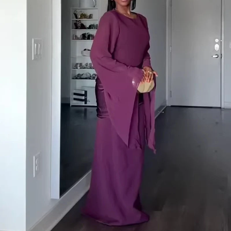 Female Casual High Waisted Holiday Dress Autumn Long Sleeved O-Neck Slim Fit Office Dress Simple Solid Color Draped Robe Dress