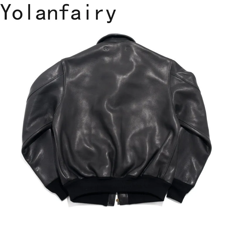 YOLANFAIRY Heavy Vegetable Tanned First Layer Cowhide Leather Jacket Men Short 100% Genuine Leather Coat Spring Autumn Outerwear