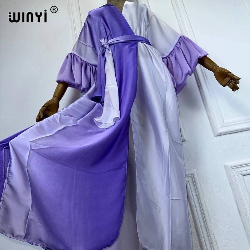 WINYI stopniowy nadruk sukienka z paskiem kobiety eleganckie letnie wakacje kardigan z rękawami bąbelkowymi odzież plażowa strój kąpielowy narzutka kimono