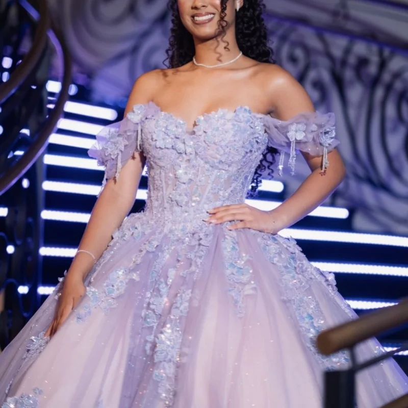 

Lavender Quinceanera Dress off-shoulder Lace crystal Glitter Flower decal Long tail vestidos de 15 Quinceanera ﻿Customize