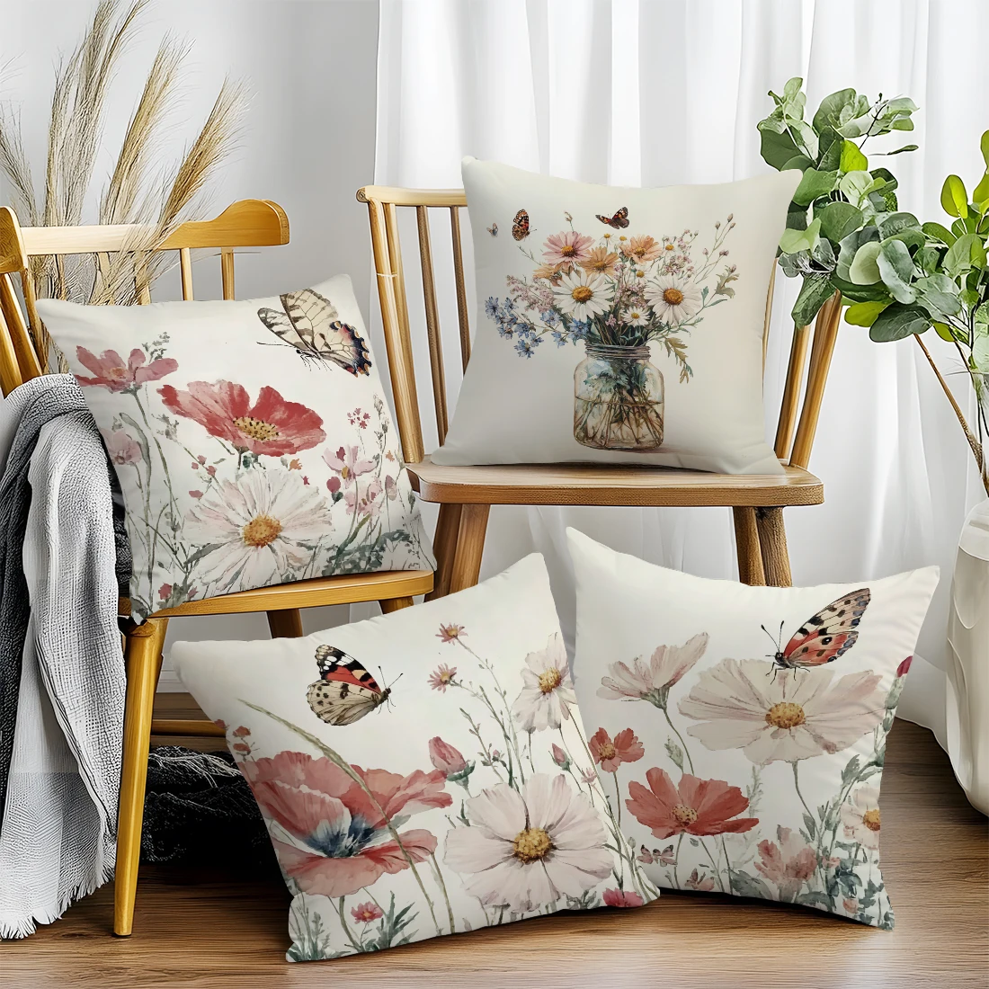 4/1PCS Retro Butterfly Floral Pattern Throw Pillow Cover, 45x45 cm, Soft and Comfortable,for Living Room Sofas and Bedroom Decor