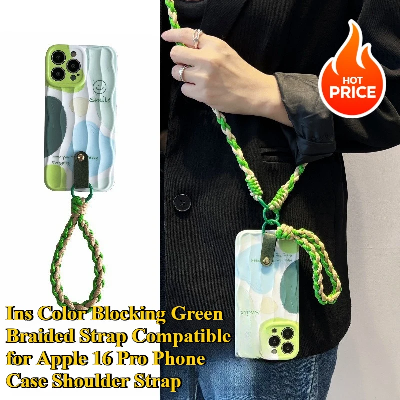 

Ins Color Blocking Green Braided Strap Compatible for Apple 16 Pro Phone Case Shoulder Strap