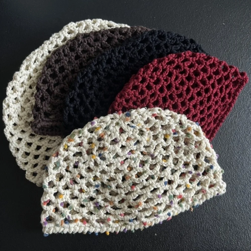 Retro Crochet Beanie Cap Handmade Breathable Knitted Cap Hollow Out Thin Mesh melon hat for Spring Summer