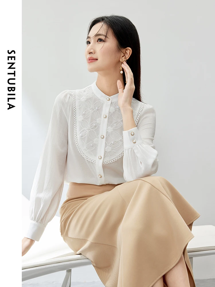 SENTUBILA Stand Neck White Shirts for Women 2024 Spring Autumn Elegant Spliced Mesh Long Sleeve Tops Woman Clothing 141C54190X