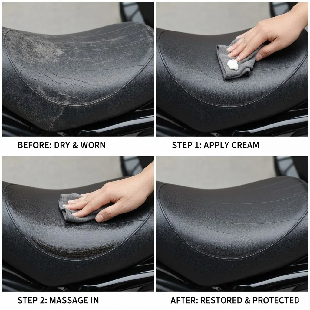 Spülung für Motorrad-Ledersitz, Creme |   Reparatur, Politur und Schutz aus echtem Leder vor Sonnenbekleidung, Risse und Alterung